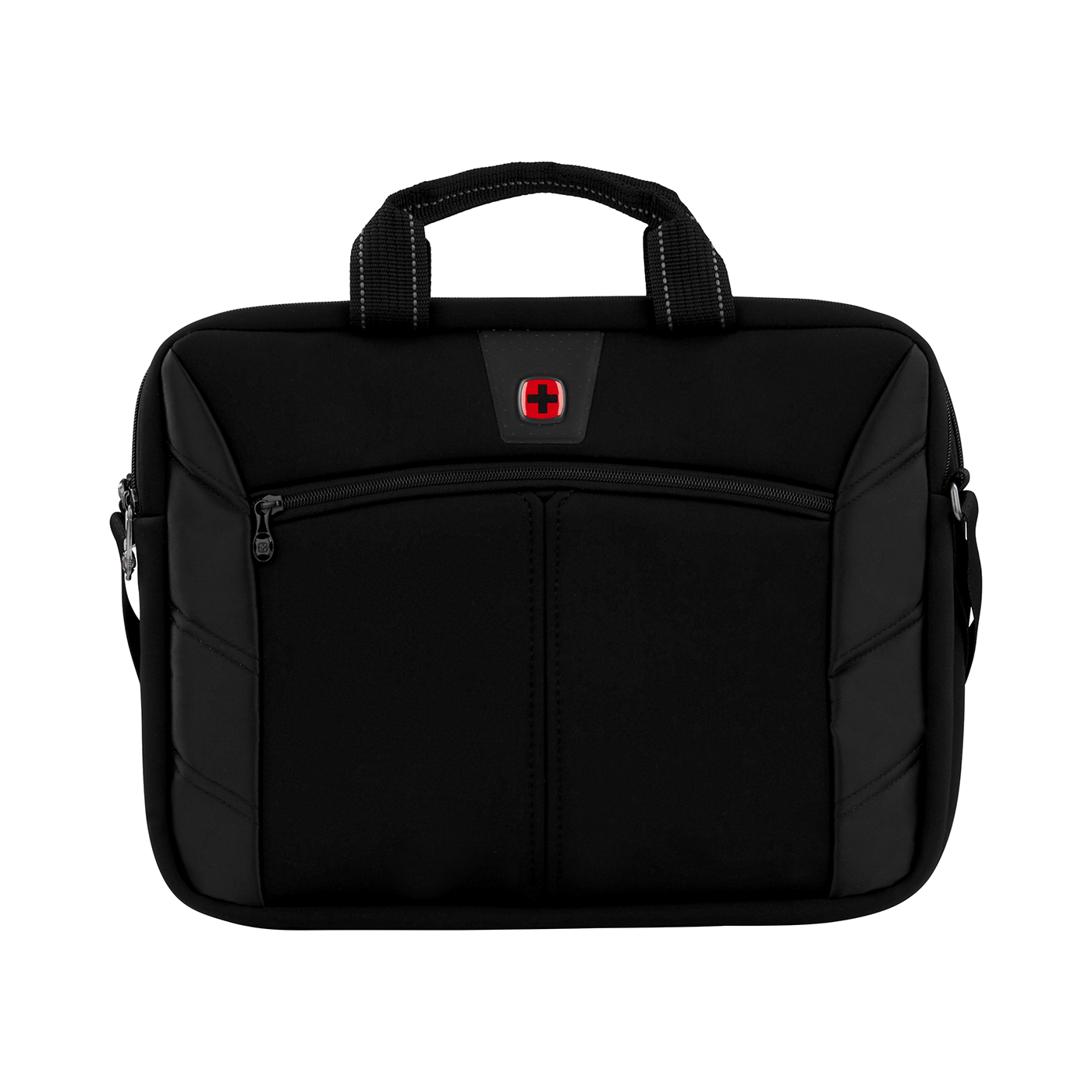 Black laptop bag with red Swiss cross logo.