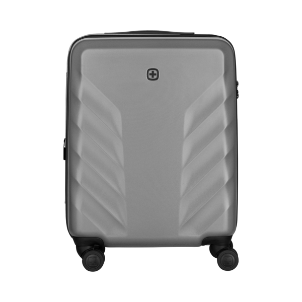 Gray suitcase with logo and wheels on black background, travel luggage