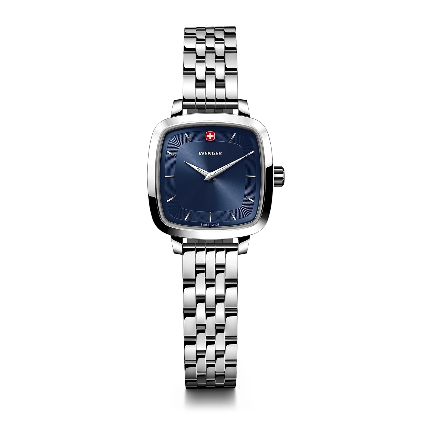 Wenger women's watch with blue dial and silver bracelet, Swiss Made.