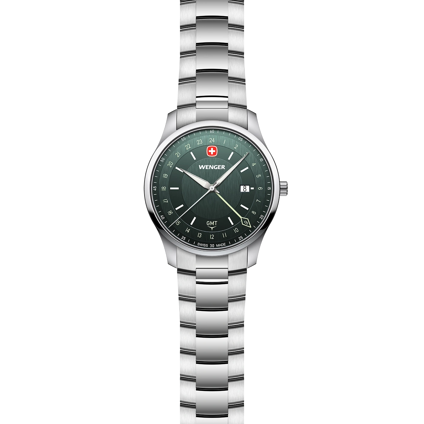 Wenger GMT men's watch with silver bracelet and green dial