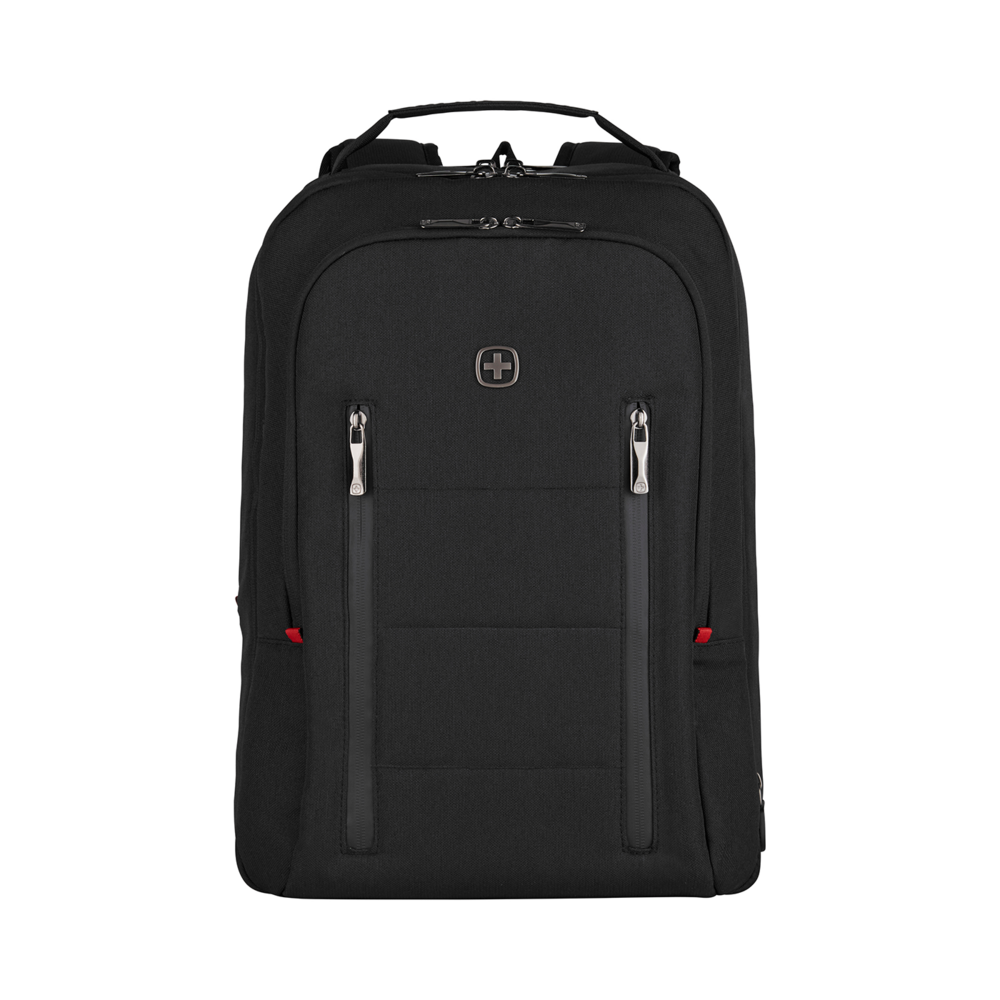 Black backpack with zippers and logo on a black background, front view.