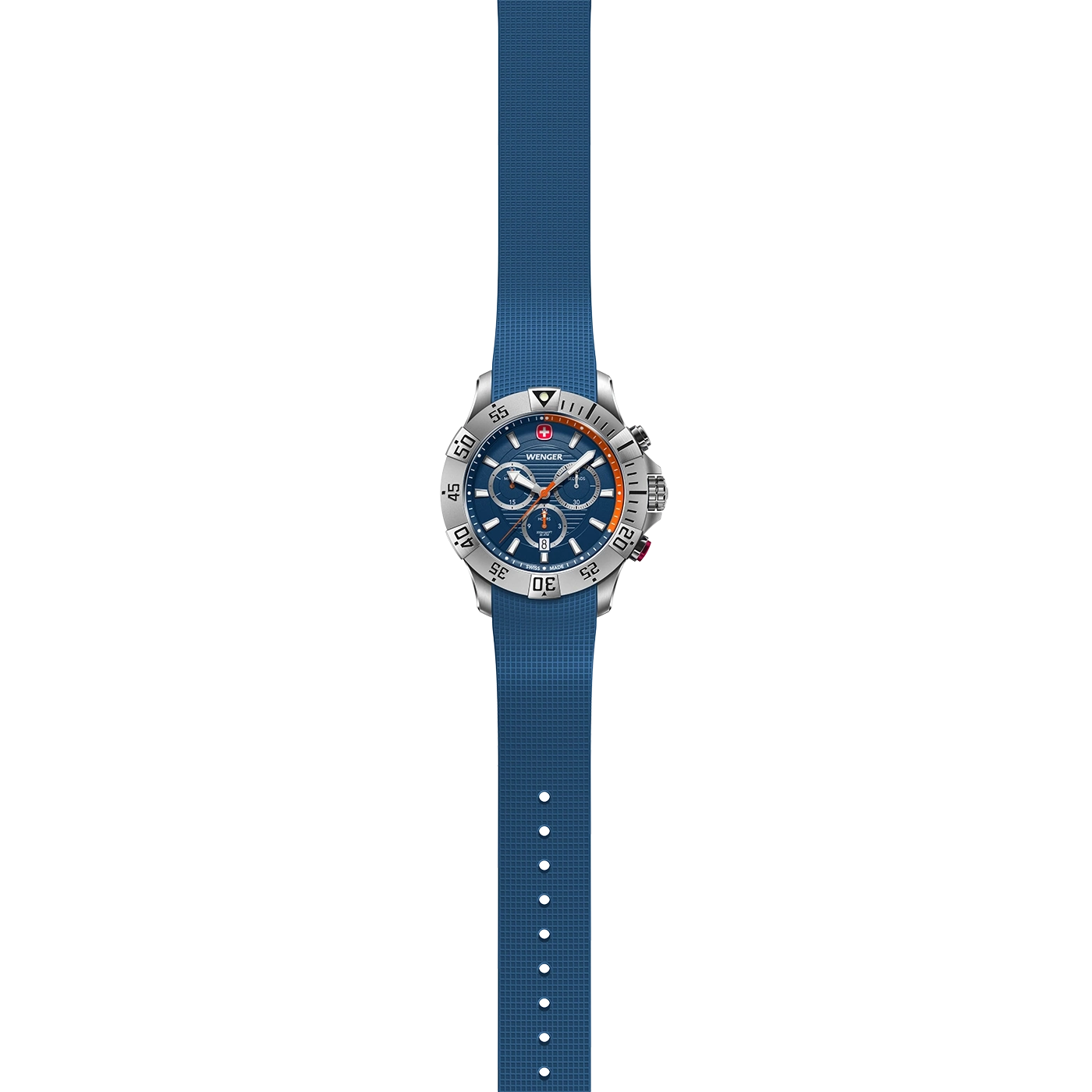 Wenger watch with blue strap and silver case, close-up shot of the watch