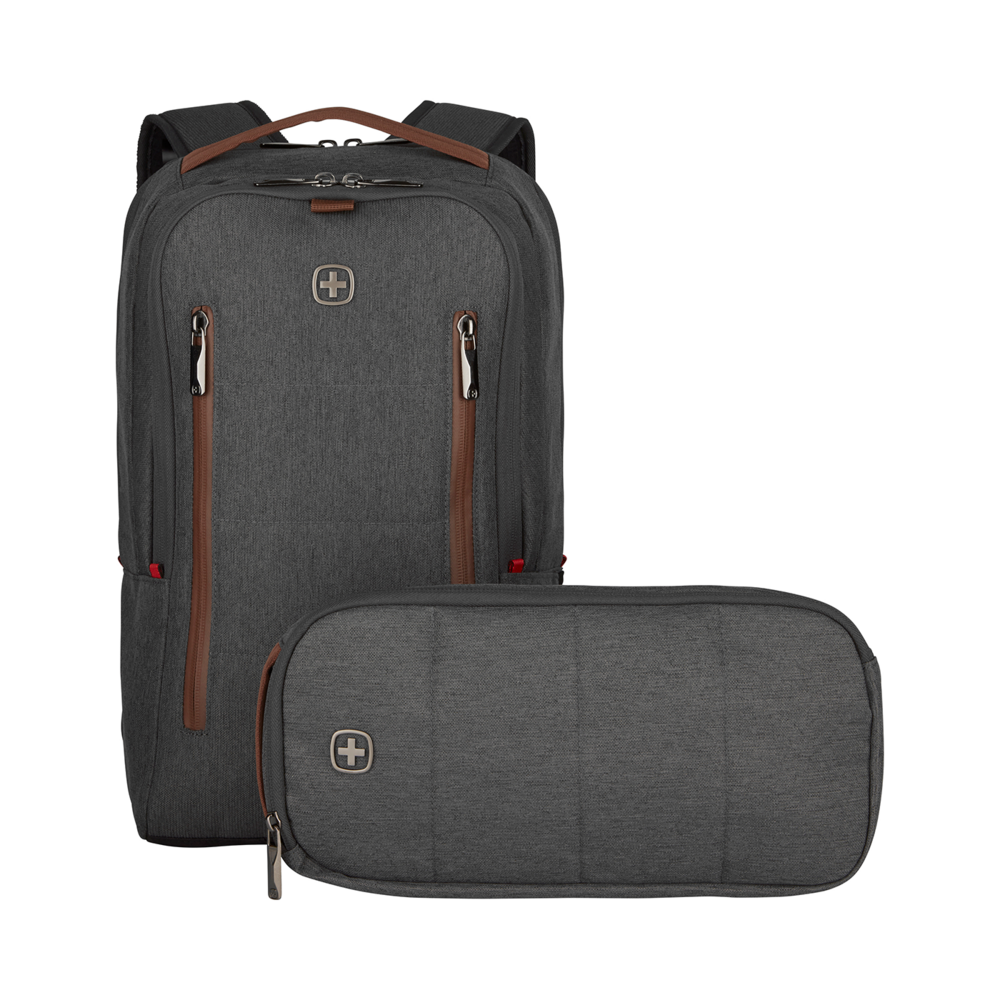 Gray backpack and pouch with brown accents and logo on a black background.