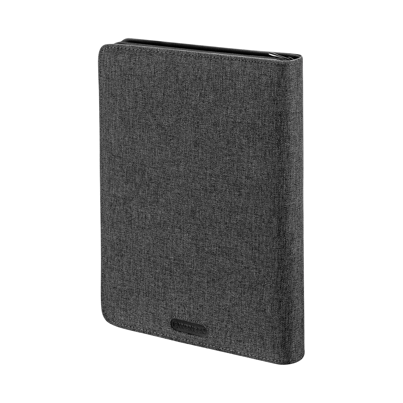 Gray fabric tablet case with Wenger logo, closed, isolated on white background.