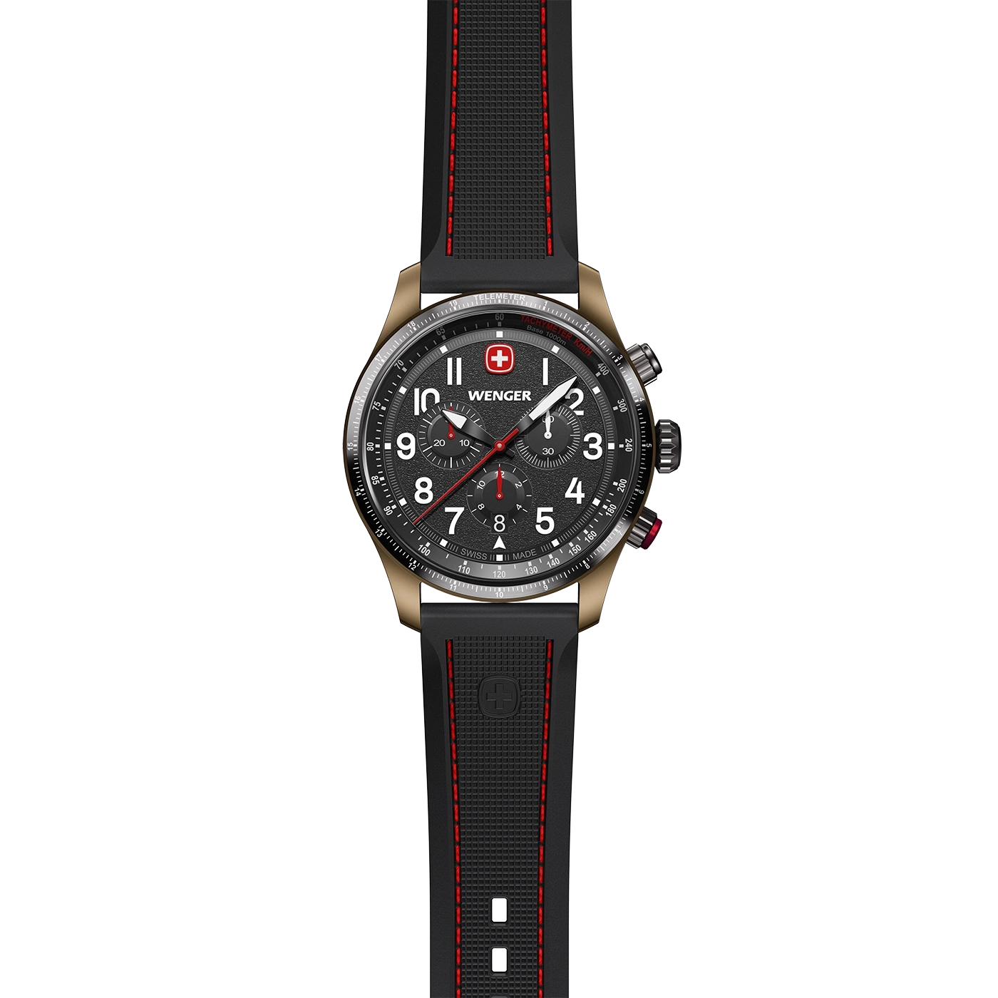 Wenger watch with black strap and red stitching, chronograph function, Swiss made.