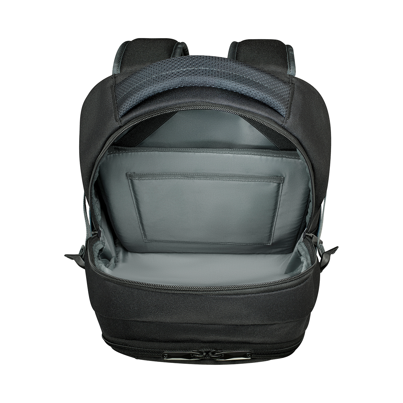 Black backpack, open, with gray interior and zipper, ready to be filled.