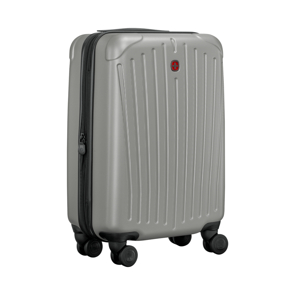 Gray suitcase with zipper and wheels isolated on white background