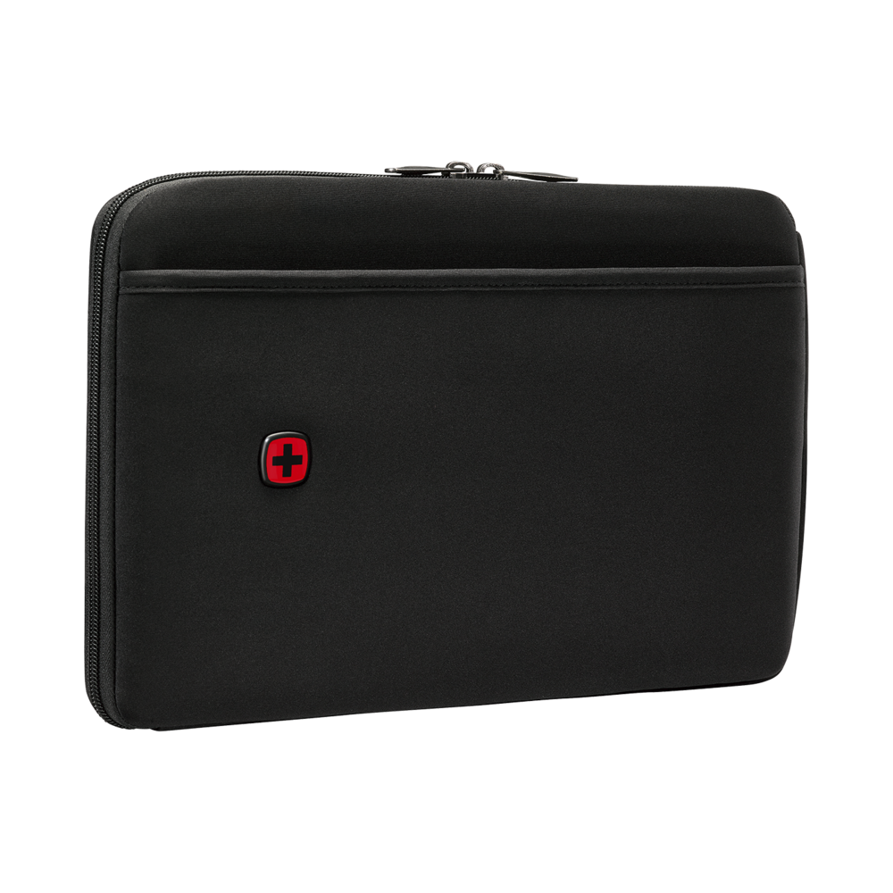 Black laptop sleeve with red cross logo and zipper, simple and sleek design.