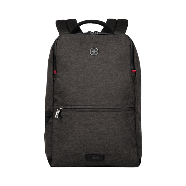 Dark gray backpack with zipper and logo on a black background, modern design.