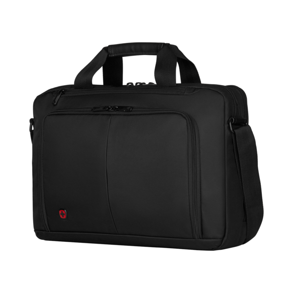 Black briefcase with handles and shoulder strap on a black background.
