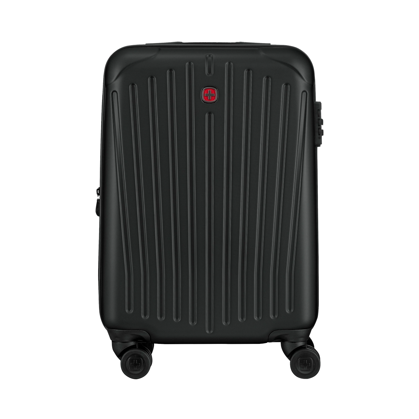 Black suitcase with red logo and vertical lines on a white background.