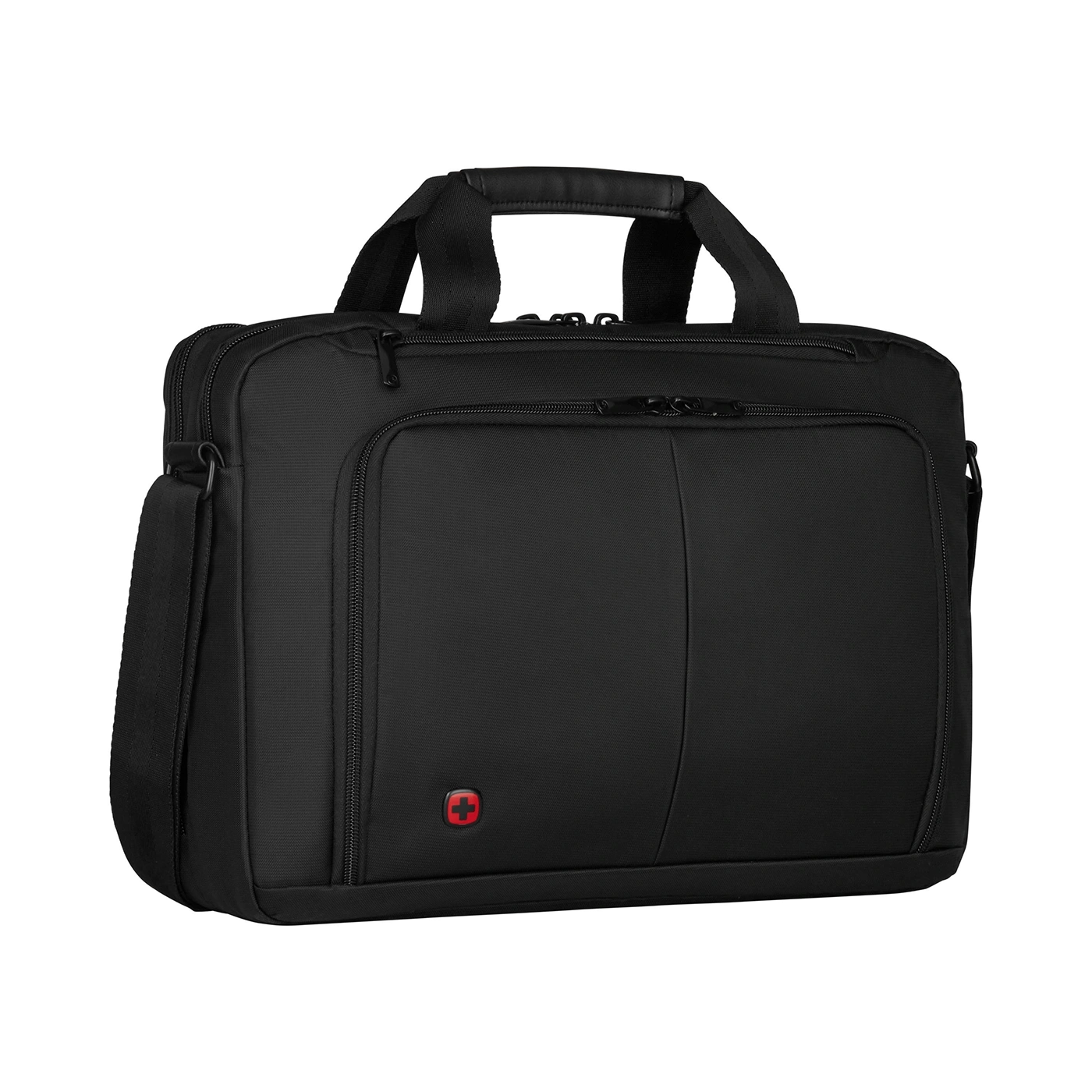 Black briefcase with handles and shoulder strap, Swiss cross logo visible