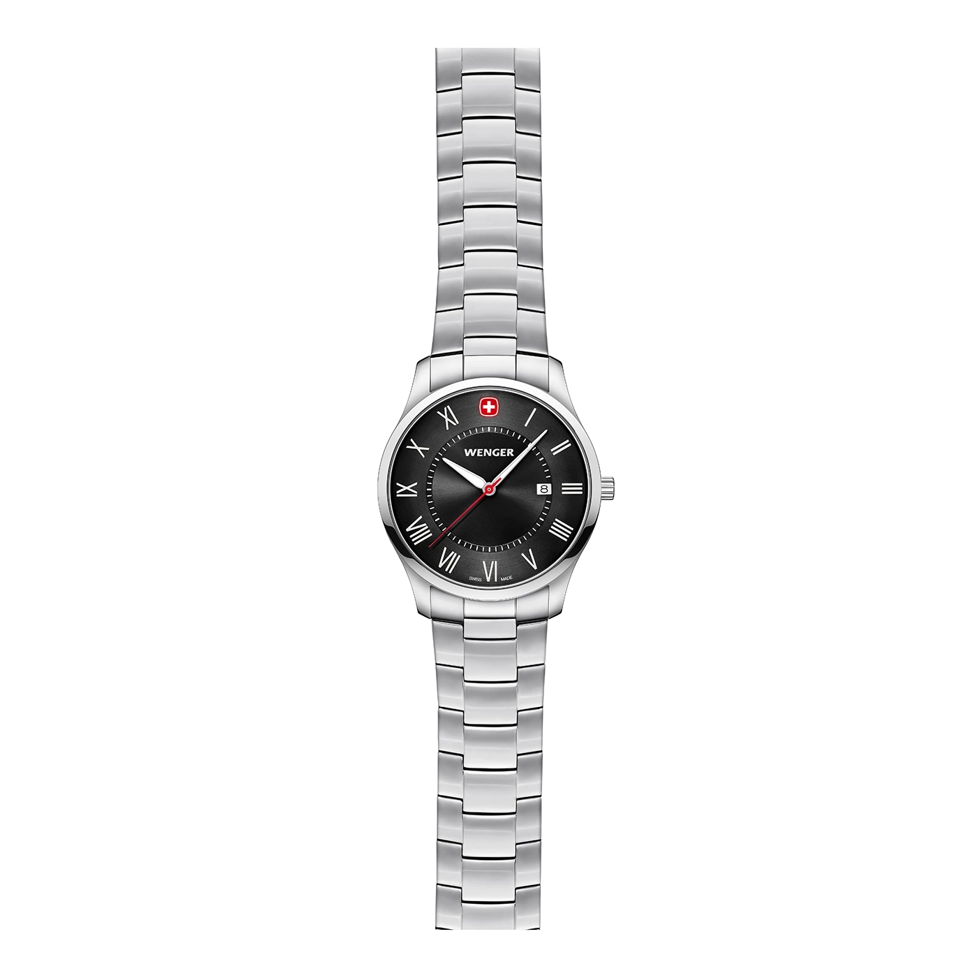 Wenger watch with black dial and silver bracelet