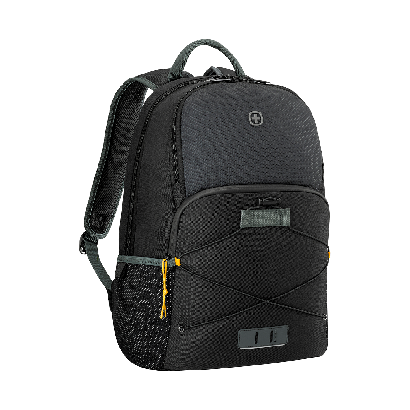 Black backpack with gray handle and yellow accents on a black background.
