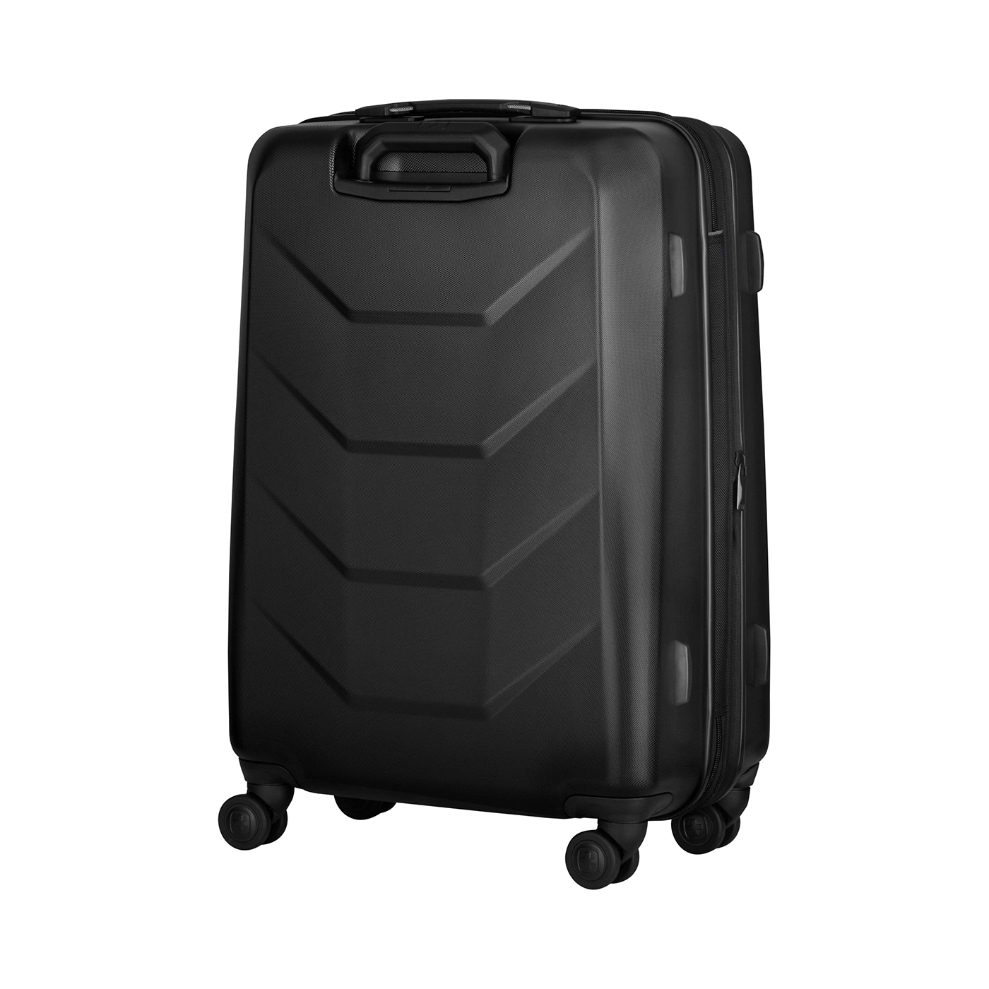 Black suitcase with wheels, handle, and zipper on a black background