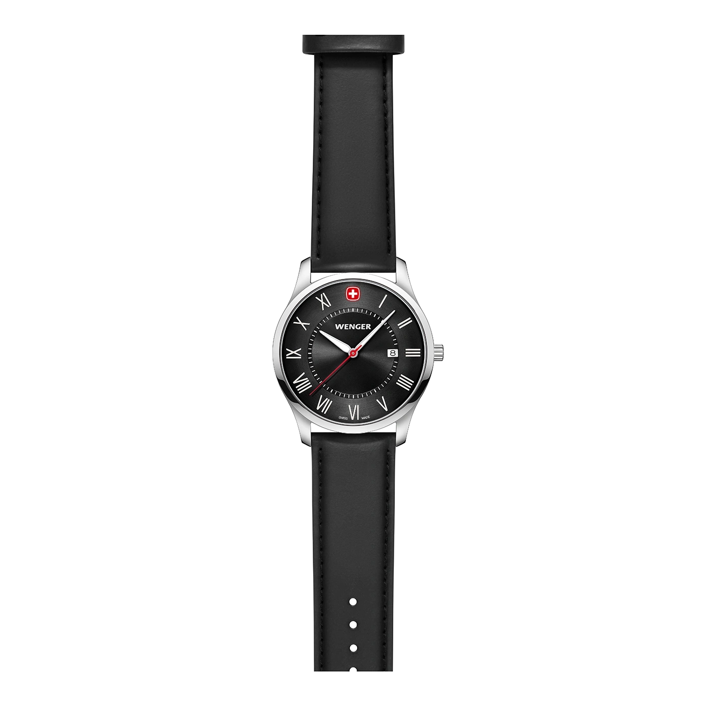 Wenger watch with black dial and leather strap, elegant and stylish