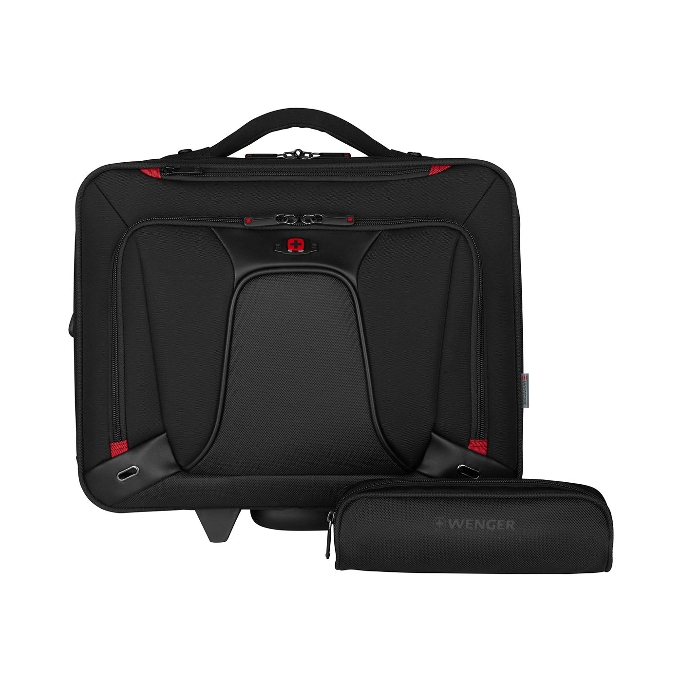 Black suitcase with red accents and a small case with the Wenger logo on a black background.
