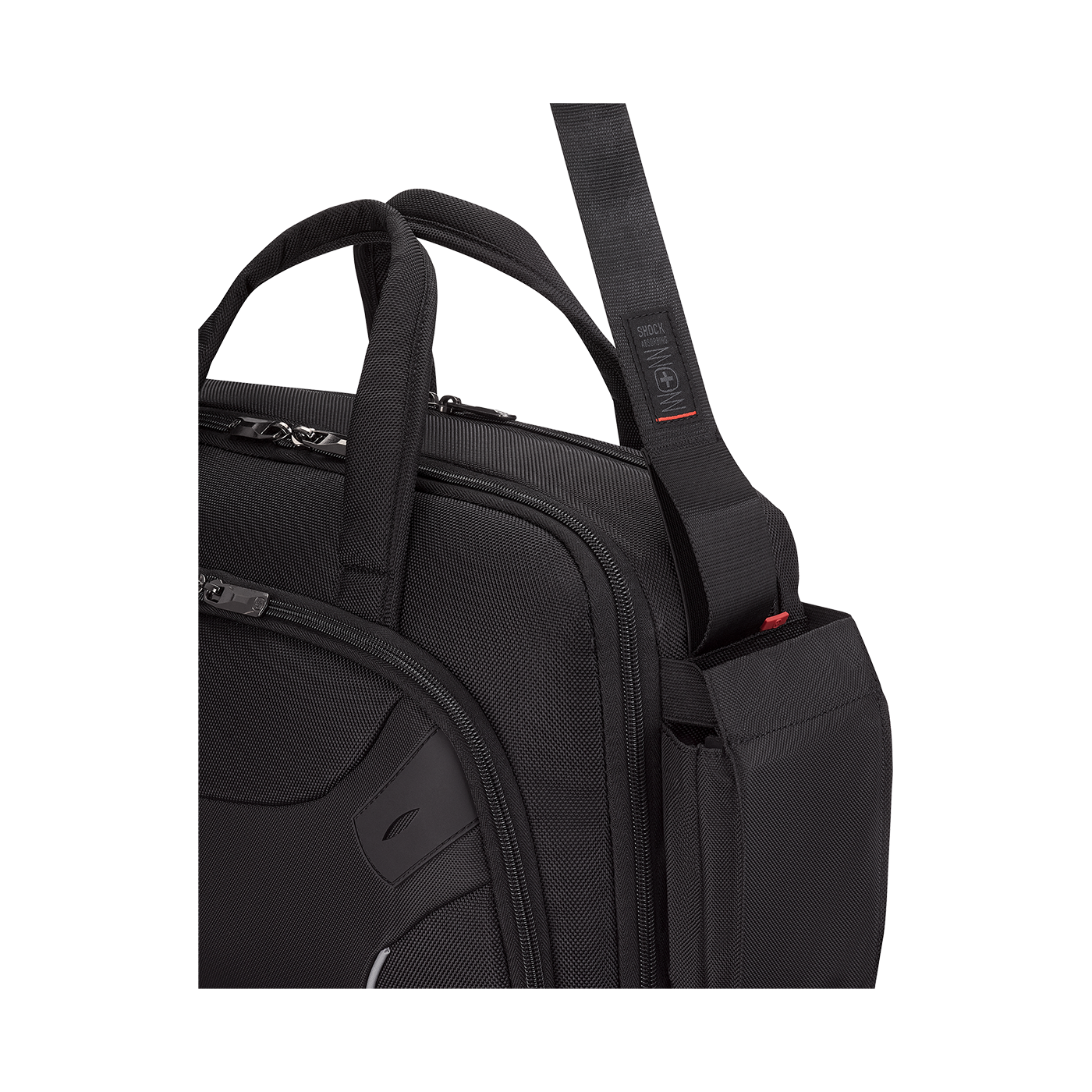 Black briefcase with shoulder strap and handles, close-up, detail view
