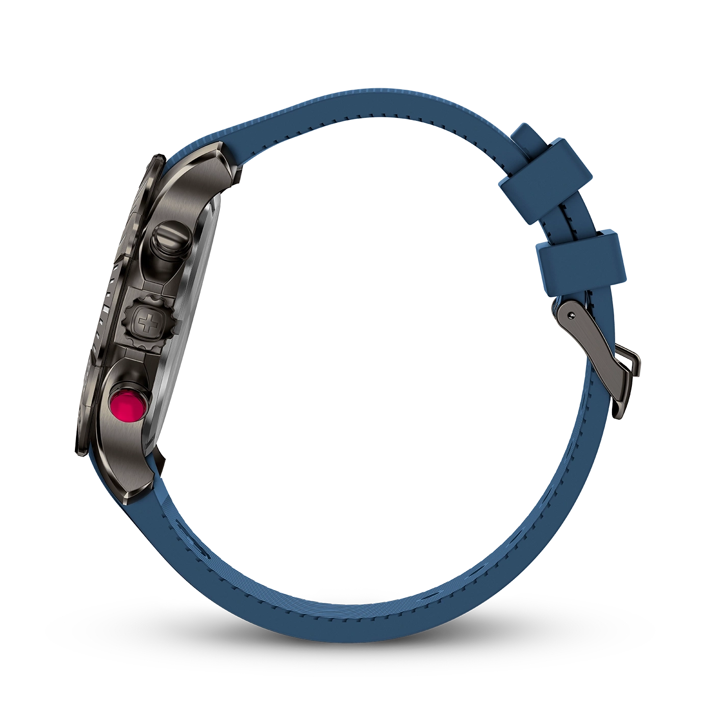 Uhr mit blauem Armband und dunklem Gehäuse, Seitenansicht