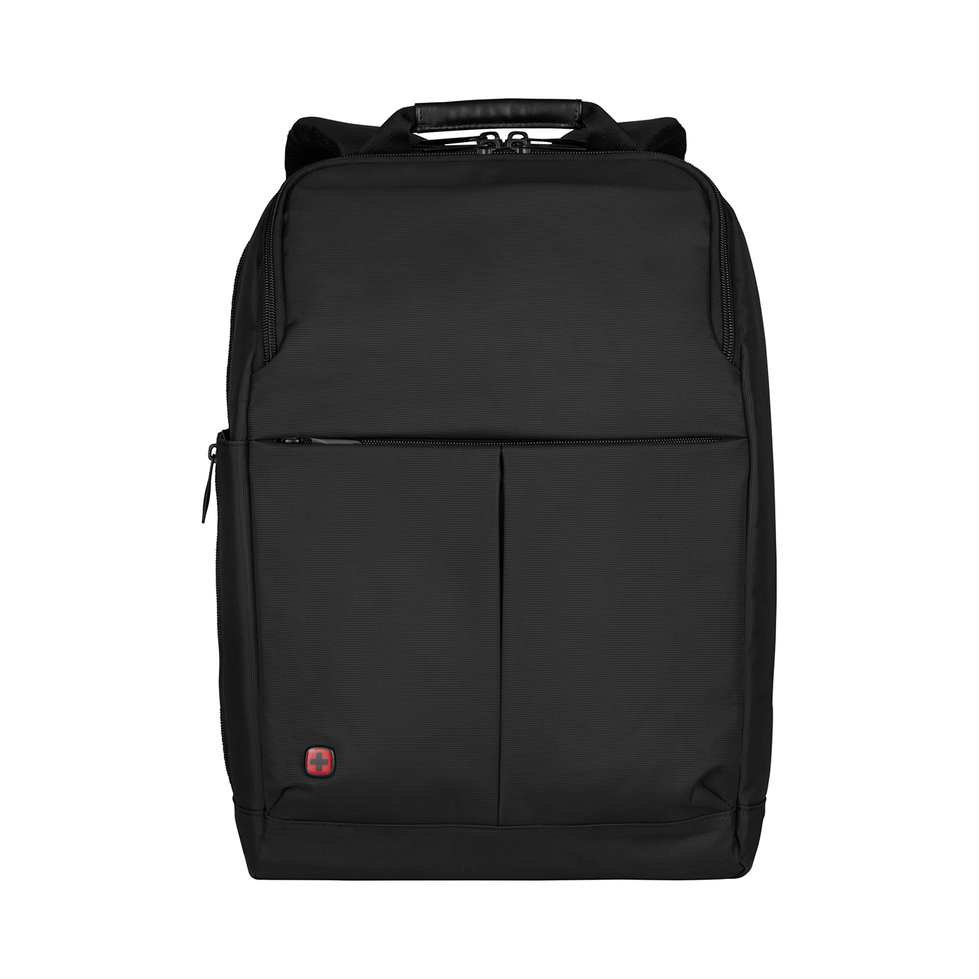 Black backpack with red logo on black background. Luggage. Travel bag.