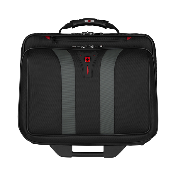 Black suitcase with gray stripes and red logo on a black background.