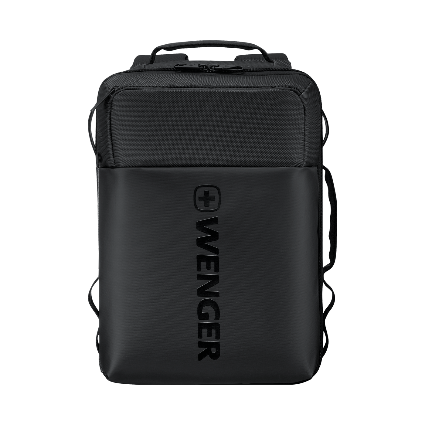 Black Wenger backpack with logo on the front.