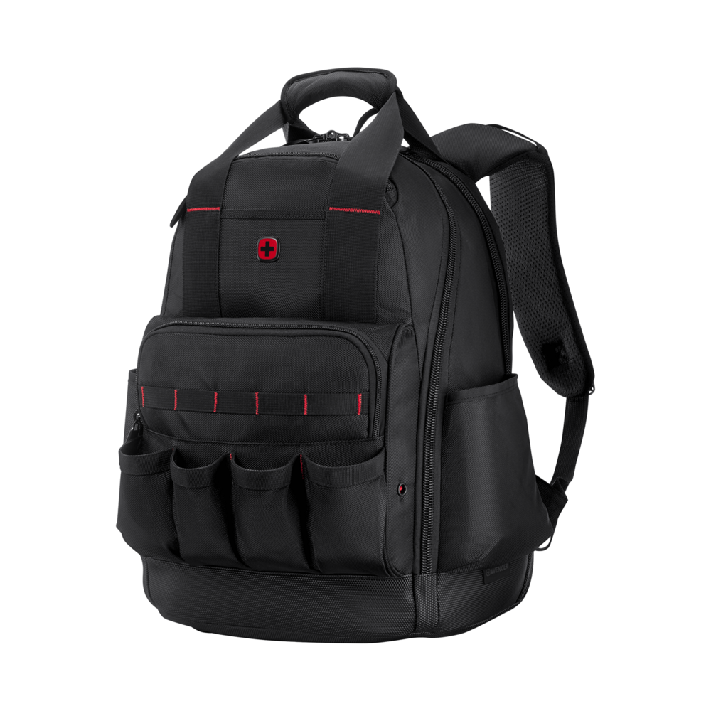 Black backpack with red accents and tool pockets. Top handle and shoulder straps visible.