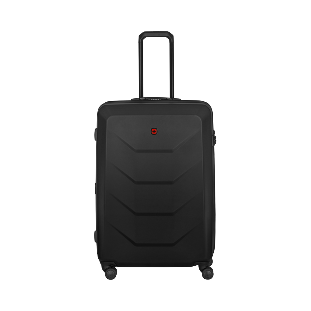 Black suitcase with red cross, handle and wheels on a black background.