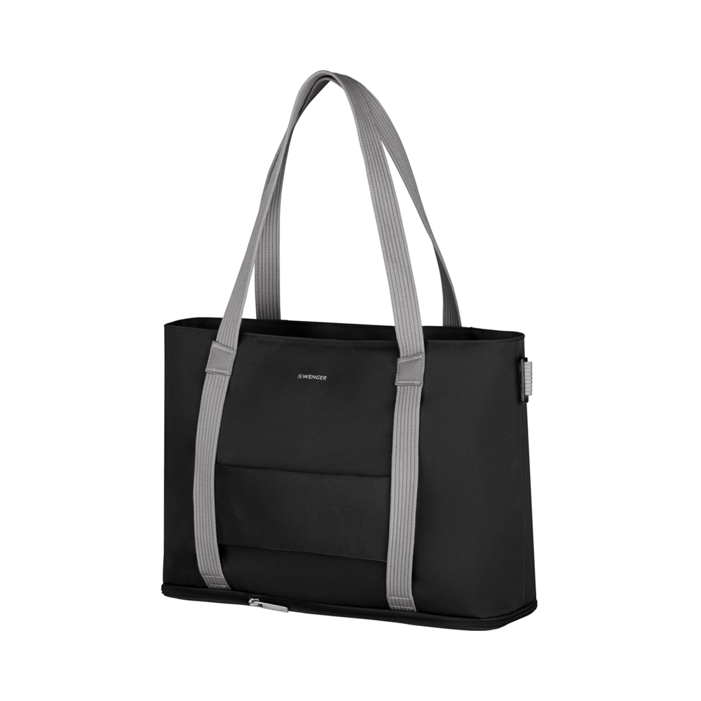 Black tote bag with gray straps, brand Wenger, on a black background, stylish design
