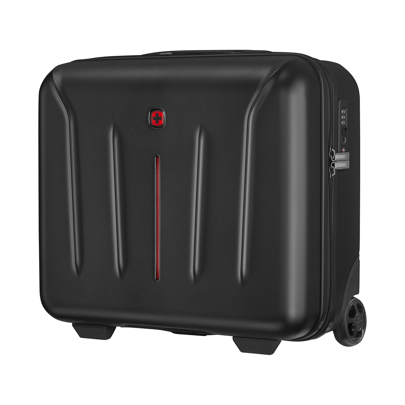 Black rolling suitcase with red accent line and silver logo.