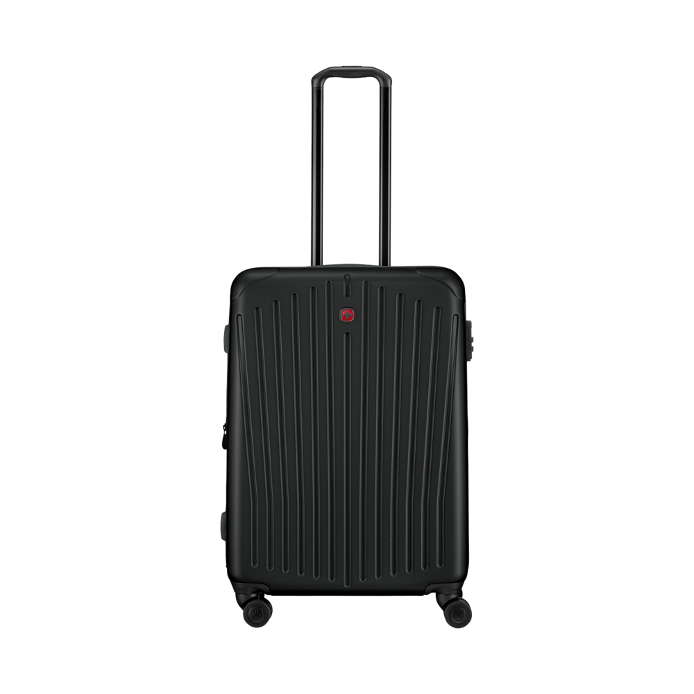 Black suitcase with retractable handle and wheels, isolated on white background