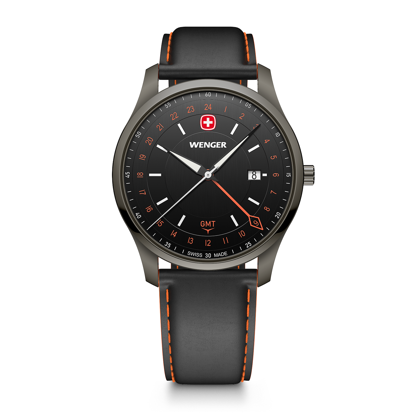 A black Wenger men's wristwatch with orange stitching and GMT function.