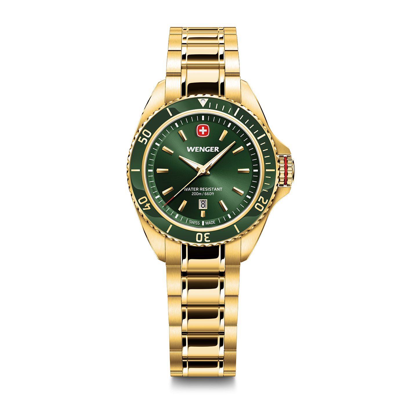 Gold Wenger watch with green dial and date display