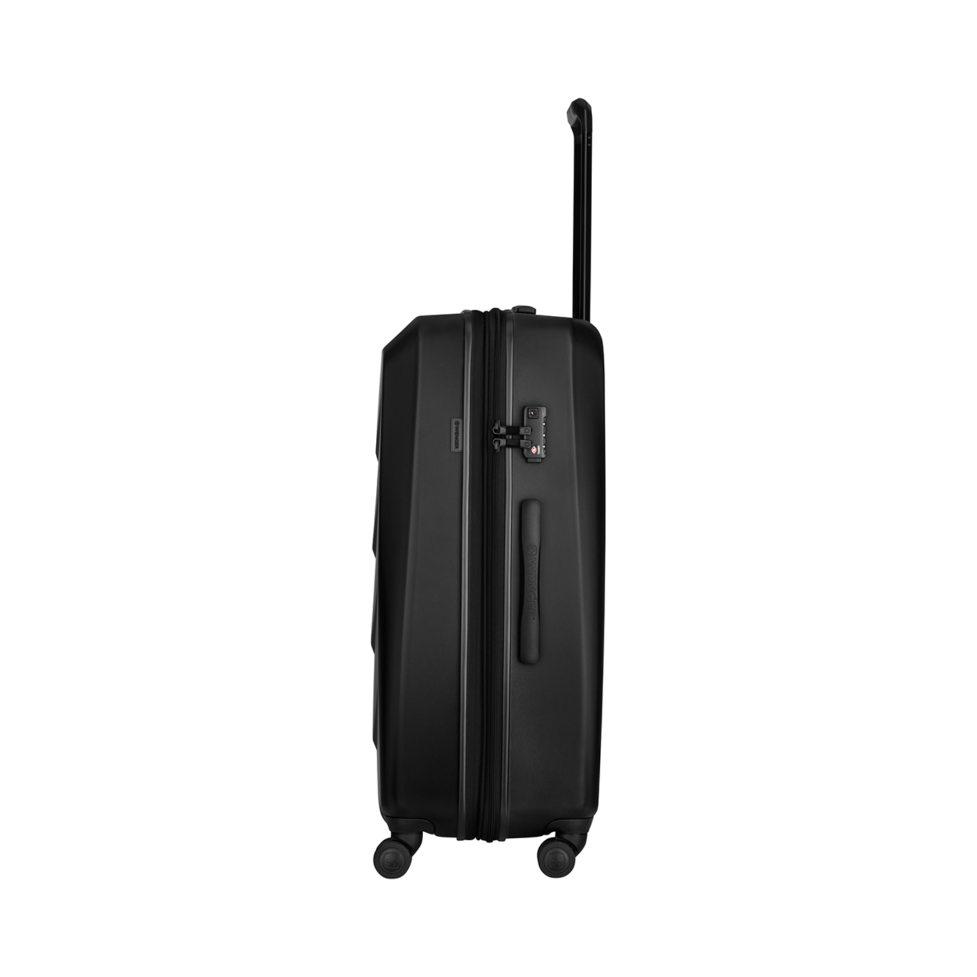 Black suitcase with pull-out handle and wheels, side view, isolated on black background