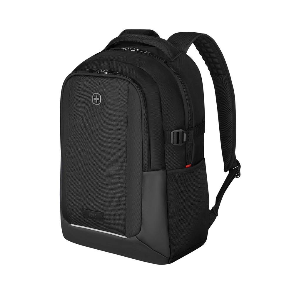 Black backpack with zipper and logo on a black background, modern design.