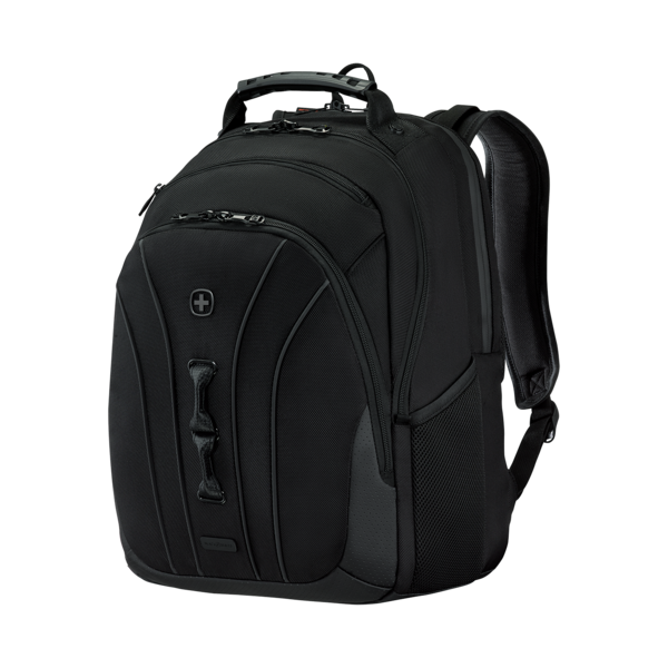 Black backpack with zippers and handle, perfect for travel and everyday use.