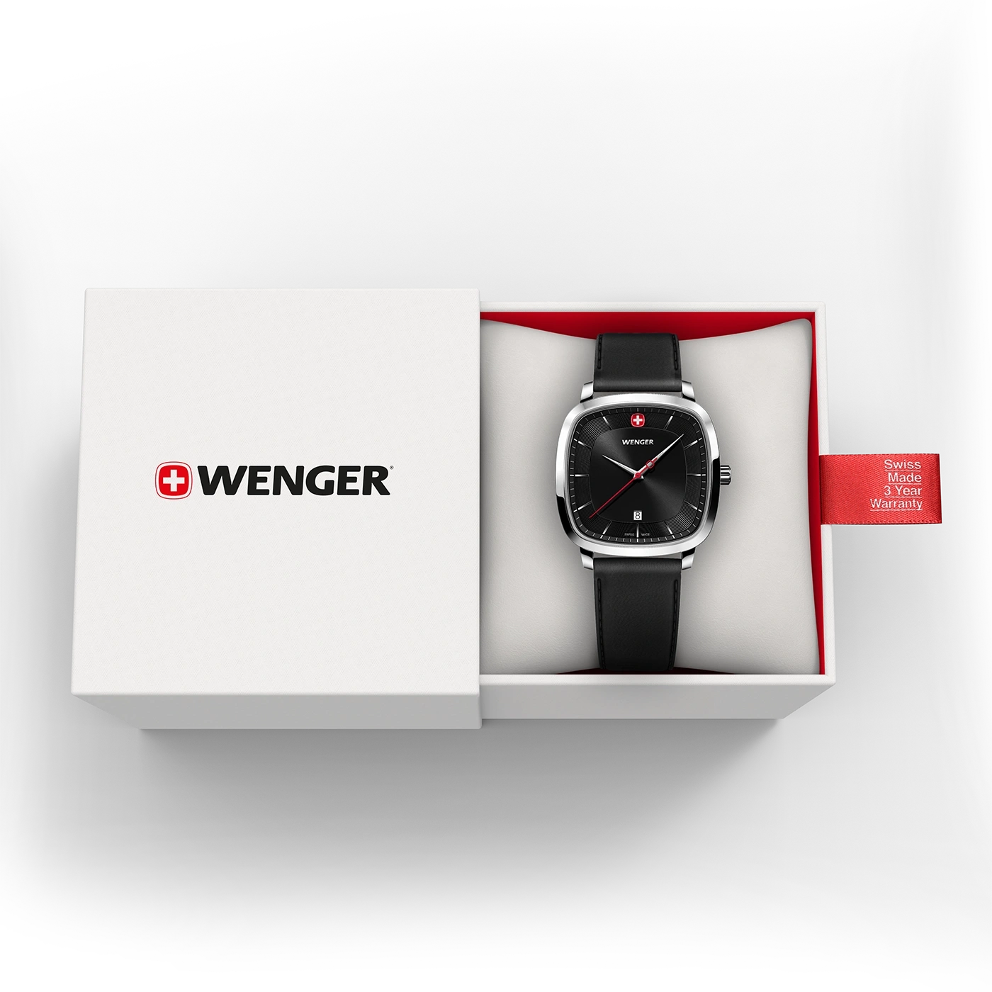 Wenger watch in a box, black dial, leather strap, Swiss Made, 3-year warranty