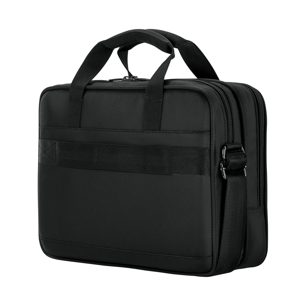 Black briefcase with handles and shoulder strap, isolated on white background