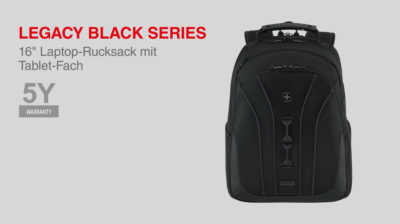 Black backpack with 5-year warranty, laptop and tablet compartment, Legacy Black Series.