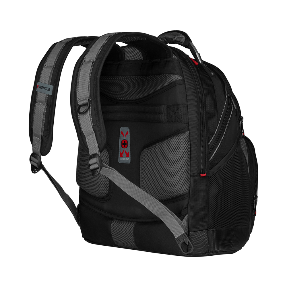 Black backpack with gray accents and the 'Wenger' logo on a black background, side view.