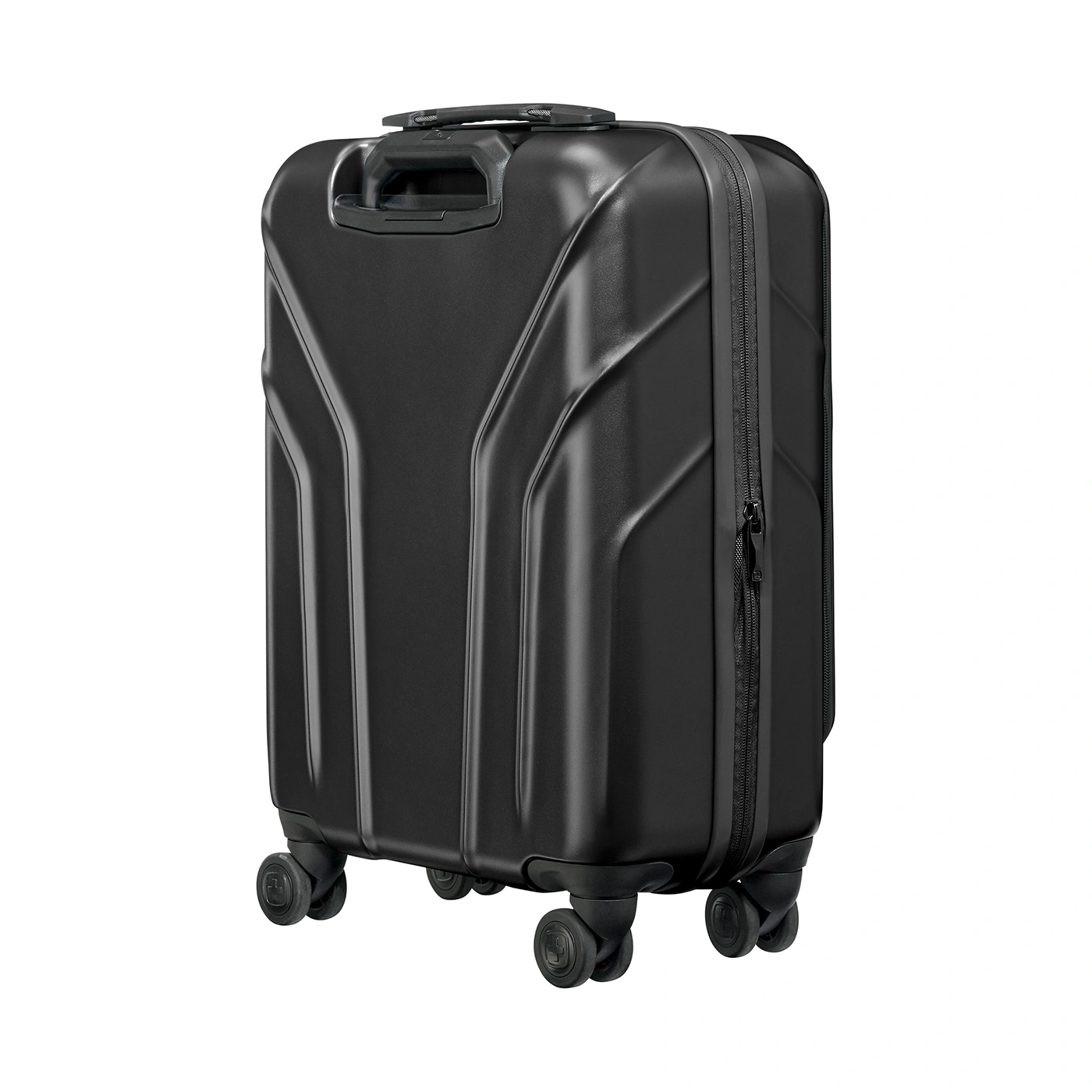 Black suitcase with wheels, zipper, and handle isolated on a white background