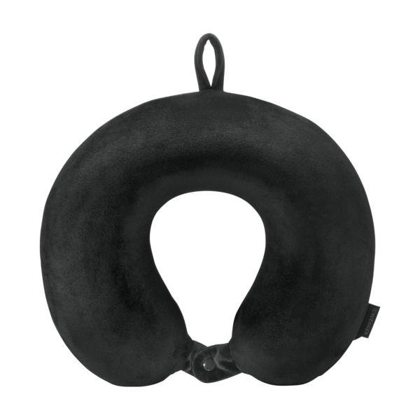 Black neck pillow, travel pillow, U-shaped, with button closure and hanging loop