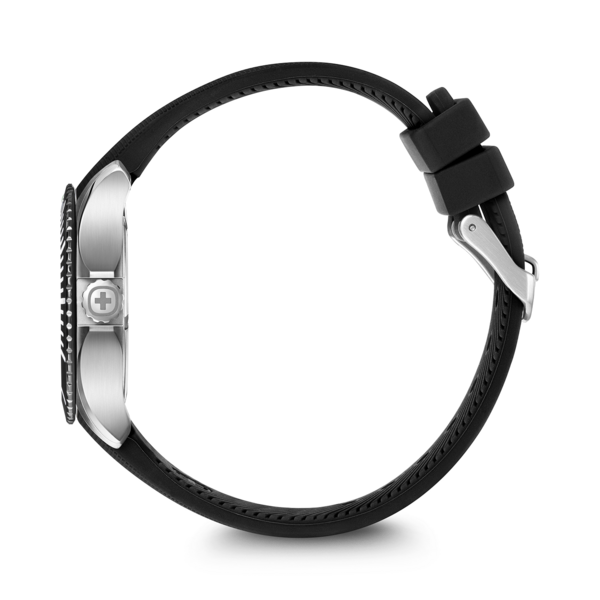 Side view of a watch with a black strap on a black background, close-up