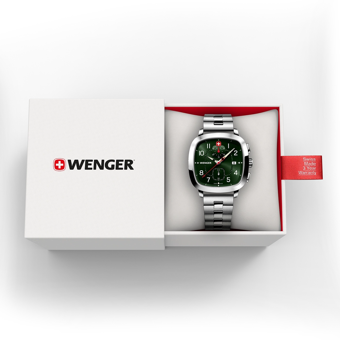 Wenger Uhr in einer Box mit rotem Akzent und 3-Jahres-Garantie