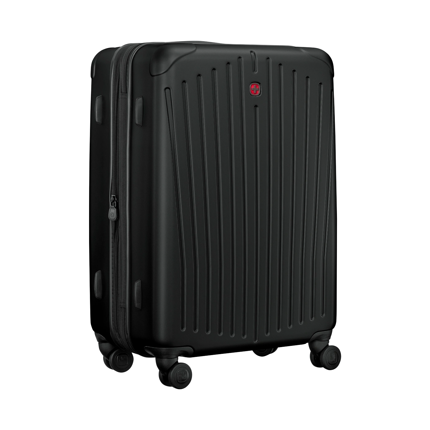 Black suitcase with wheels and zipper isolated on white background
