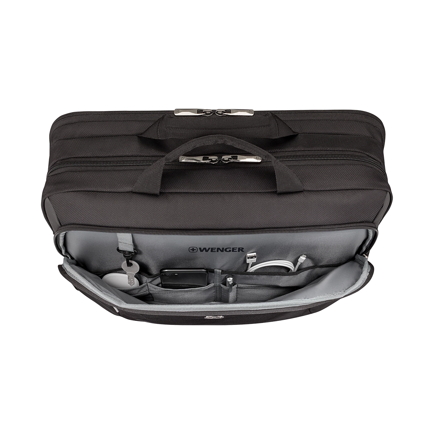 Black briefcase with open compartment, keys, phone, and cables inside.