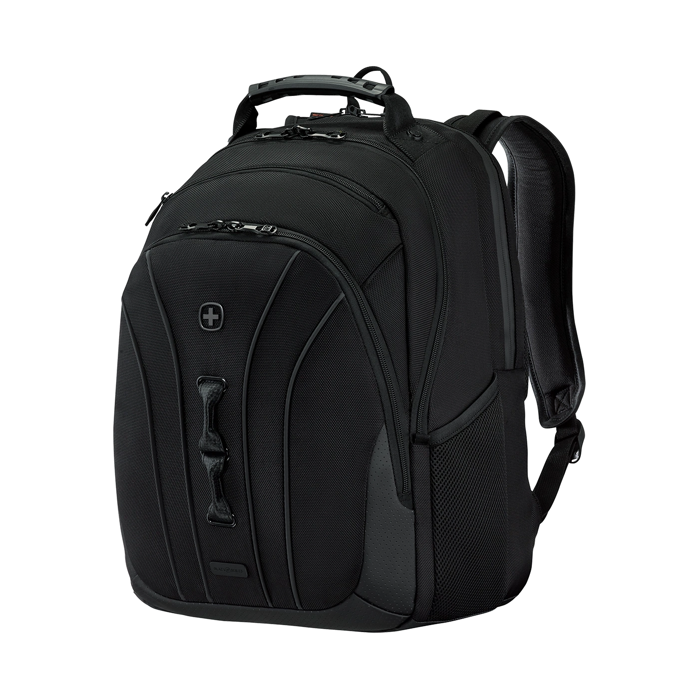 Black backpack with zippers and handle, perfect for travel and everyday use.