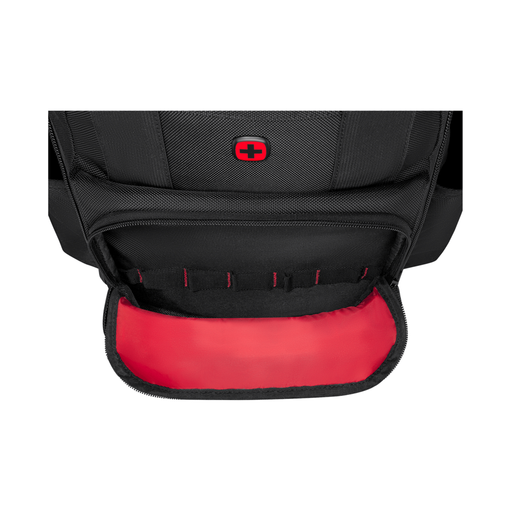 A black backpack with a red cross logo and an open compartment