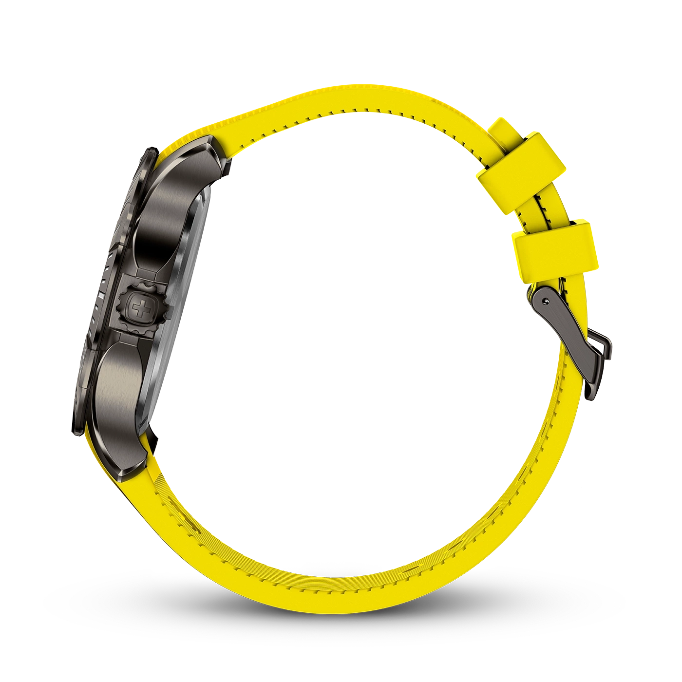 Side view of watch with yellow strap, black case, close-up detail shot