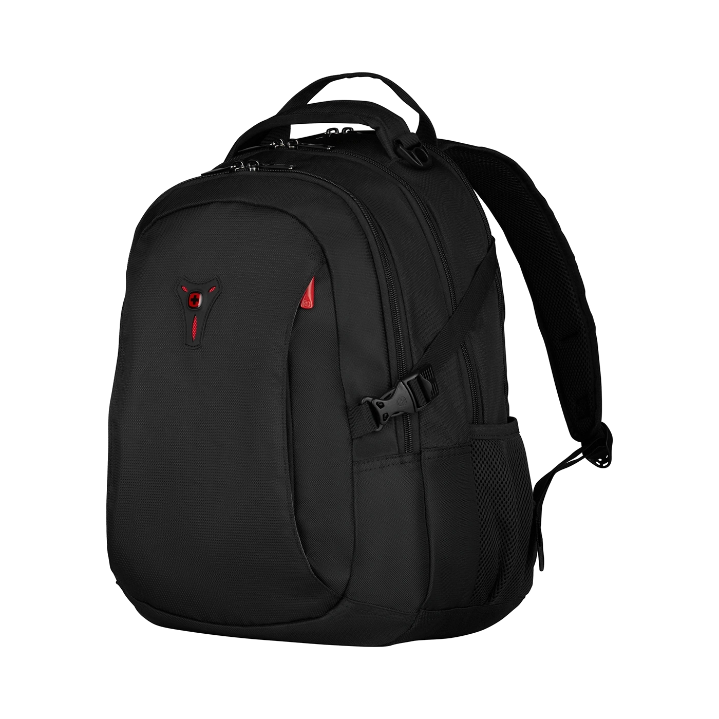 Black backpack with red logo and details, isolated on black background